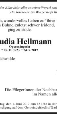 Claudia Hellmann, German opera singer., dies at age 93