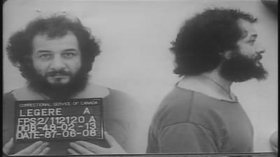 Black-and-white front and side portraits of Legere, sporting a large beard and unkempt hair
