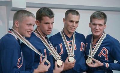 Schollander, Ilman, Austin and Clark display gold medals at 1964 Olympics
