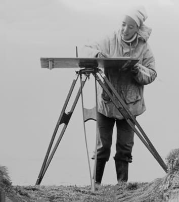 Anna Ritchie planning at the Knap of Howar excavations in Papa Westray, Orkney, in 1973
