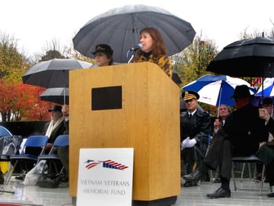Diane Carlson Evans addresses an audience at the Vietnam Veteran's Memorial Wall in Washington, D.C., on Veterans Day, Nov. 11, 2009.