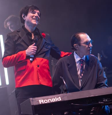Sparks during a performance at the Royal Albert Hall in London, England, May 29, 2023. From left to right: Russell Mael (vocals) and Ron Mael (keyboards)